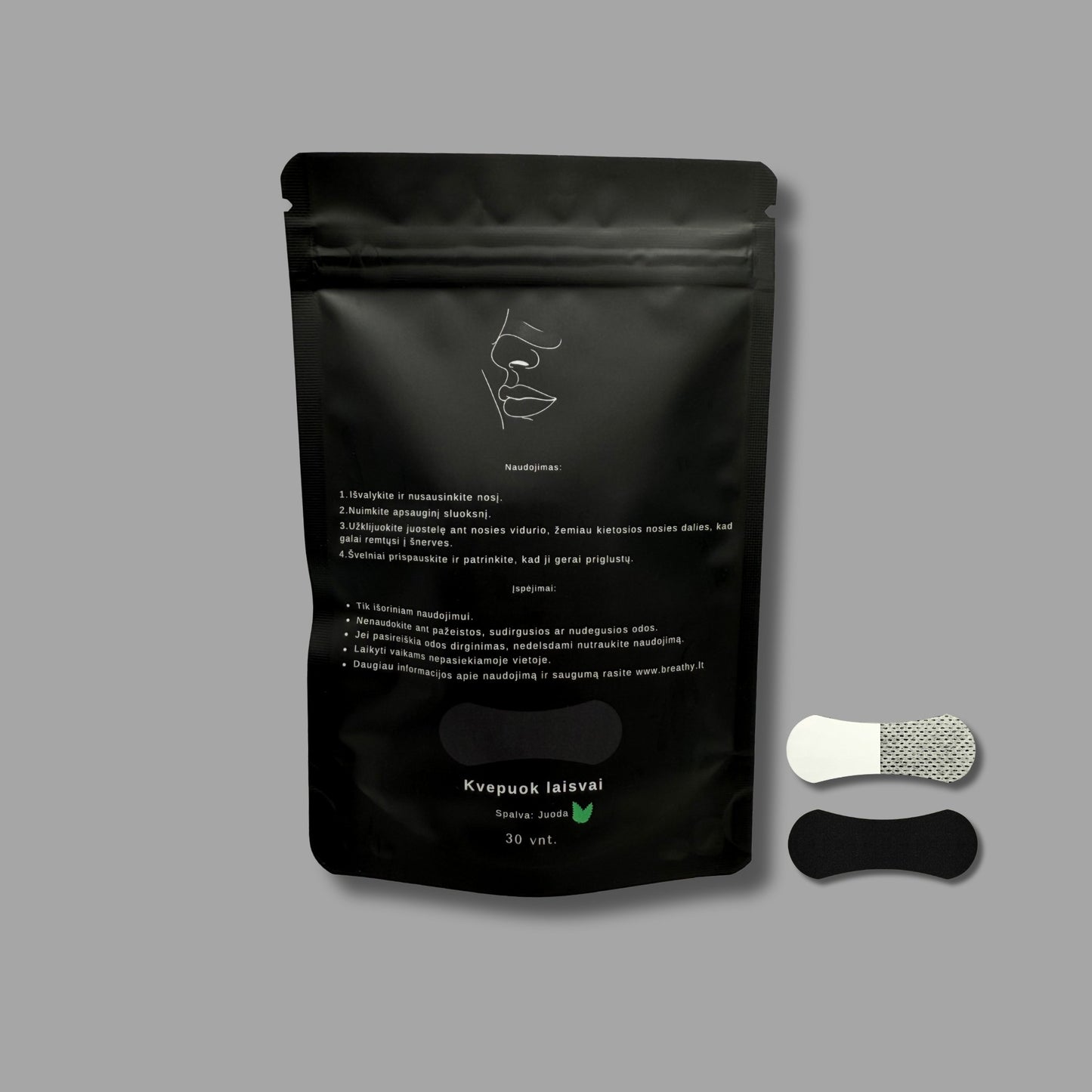 breathy Mint nosies juostelių sudėtis ir naudojimo instrukcija – hipoalerginės medžiagos ir patogus dizainas lengvesniam kvėpavimui.